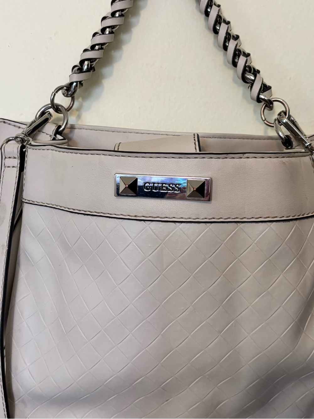 GUESS Cream Woven Shoulder Bag with Chain-Accent Strap